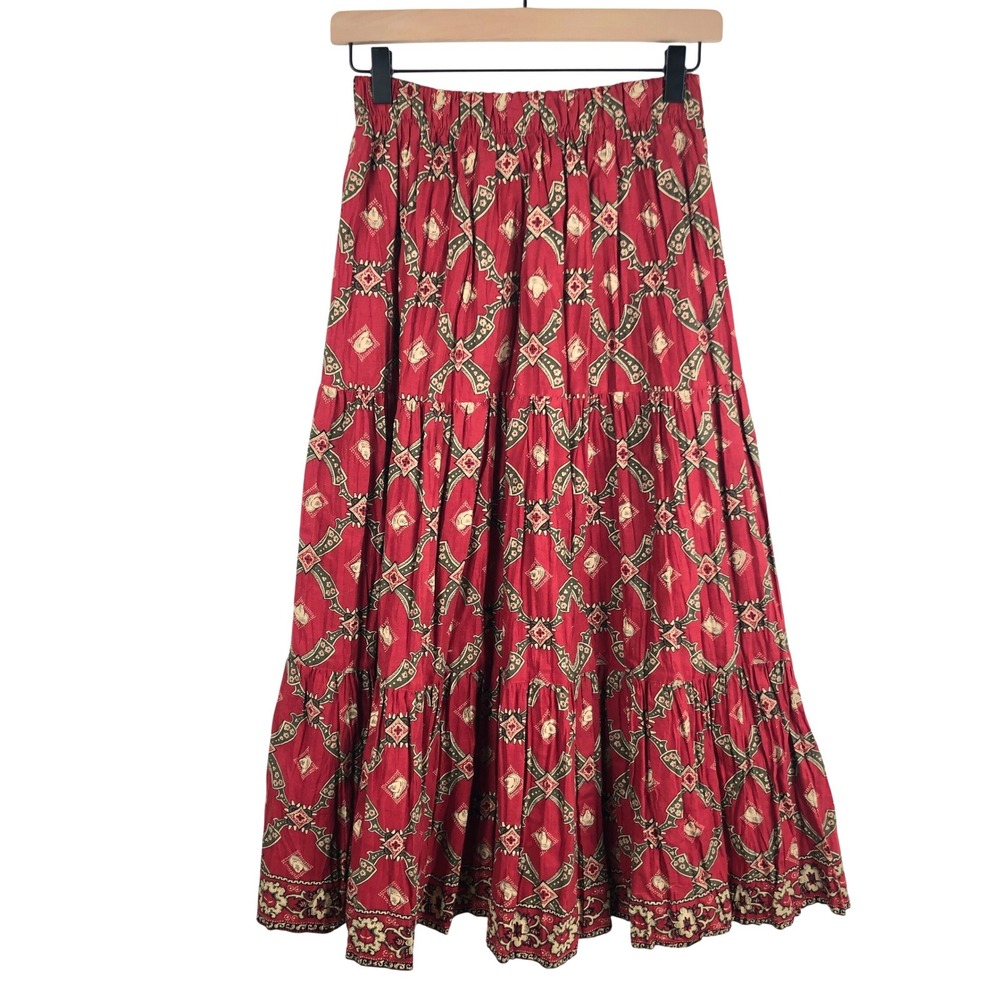 VTG F.L. Malik Tiered 100% Cotton Western Maxi Skirt Sz S Red Cowboy Hat USA EUC